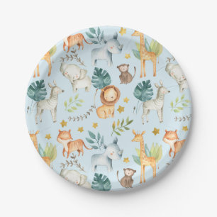 Assiettes En Carton Jungle safari animaux bleu bébé fête d'annivers