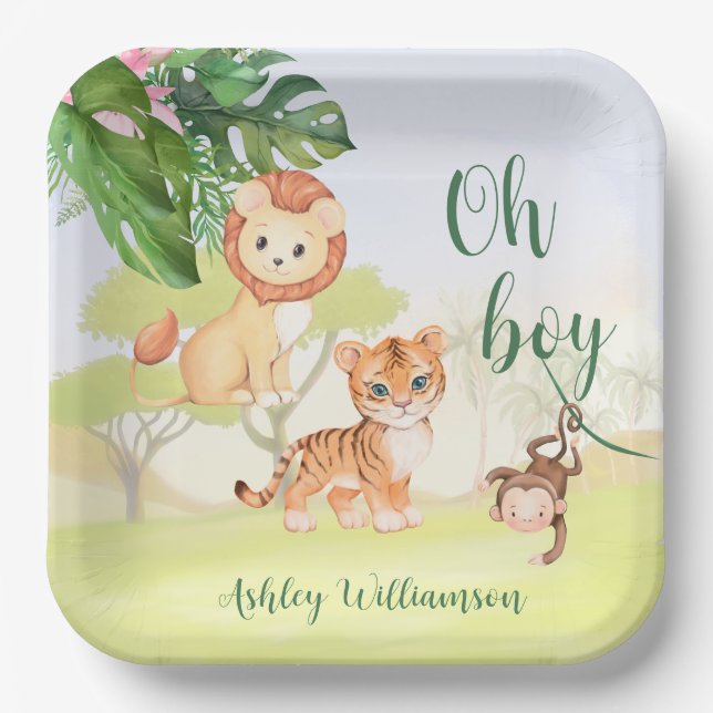 Assiettes En Carton Jungle Safari Animaux Oh Baby shower Garçon (Recto)