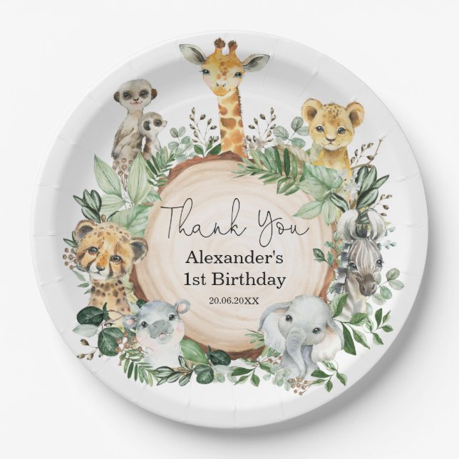 Assiettes En Carton Jungle Safari verdure Animaux sauvages Anniversair (Devant)