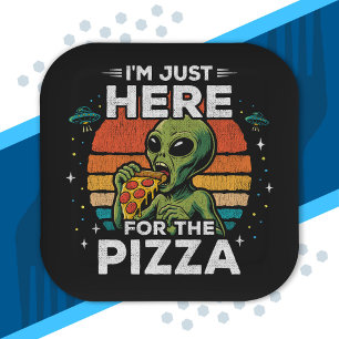 Assiettes En Carton Juste ici pour la Pizza Rétro Espace Drôle Alien