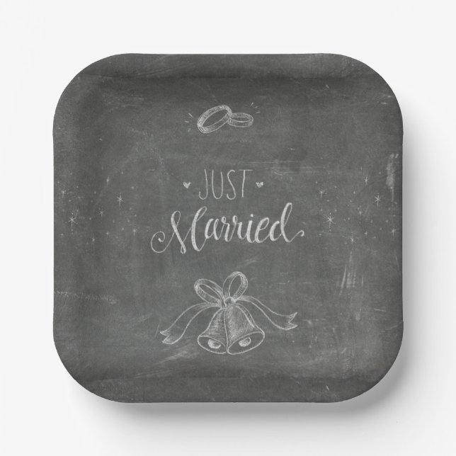 Assiettes En Carton Juste marié Chalkboard Mariage Cercles Bells Carré (Recto)