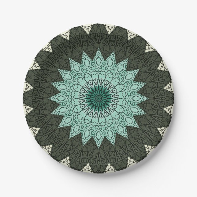 Assiettes En Carton Kaleidoscope Mandala en vert et bleu (Devant)