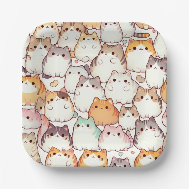 Assiettes En Carton Kawaii Chubby Chats De Cartoon Avec Coeurs (Recto)