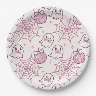 Assiettes En Carton Kawaii Halloween rose Fantômes et Citrouille