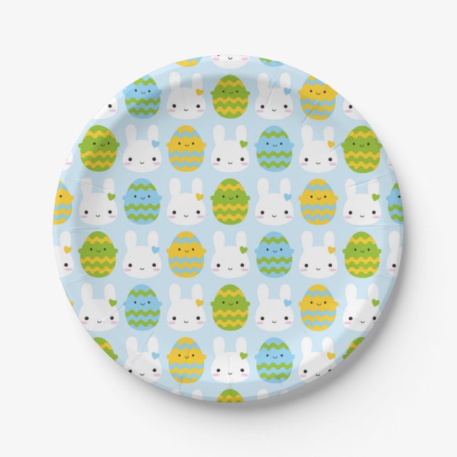 Assiettes En Carton Kawaii Lapin de Pâques & Oeufs (Devant)