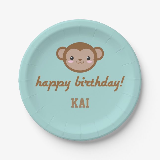 Assiettes En Carton Kawaii Singe fête d'anniversaire bleu vert (Devant)