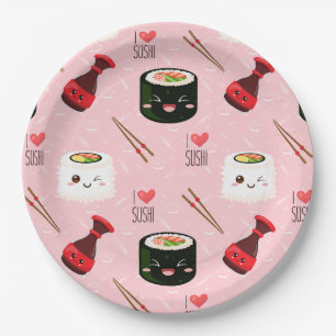 Assiettes En Carton Kawaii Sushi Motif rose clair