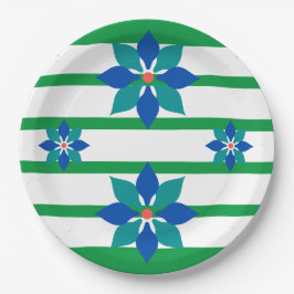 Assiettes En Carton Kelly Bandes vertes et fleurs bleues