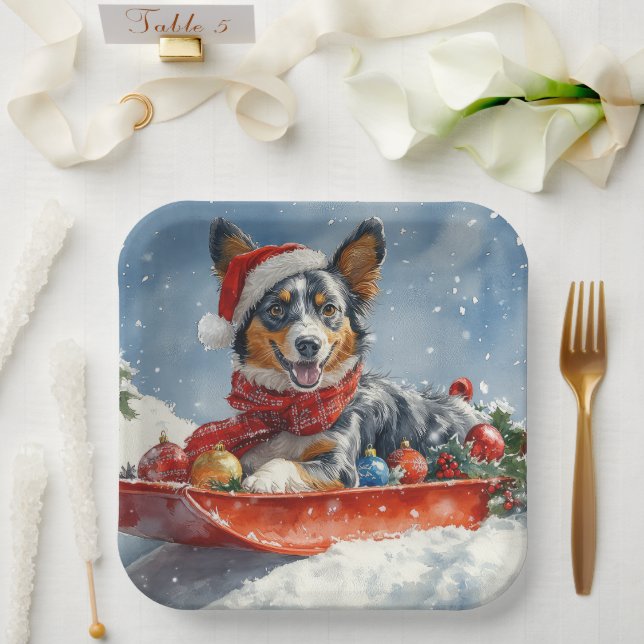 Assiettes En Carton Kelpie australienne dans Sledge laissez-le neiger  (Mariage)