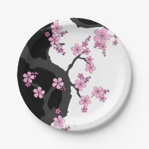 Assiettes En Carton Kimono japonais Sakura noir et blanc