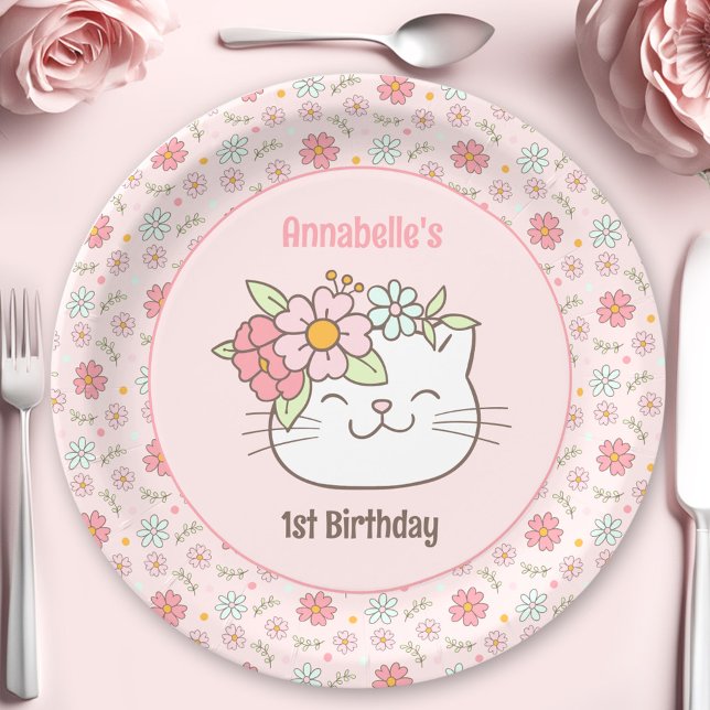Assiettes En Carton Kitten Kitty Chat Rose fille 1er Anniversaire serv (Kitten Kitty Cat Pink Girl 1st Birthday Napkins Paper Plates)