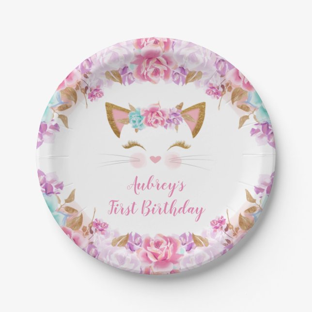 Assiettes En Carton Kitten kitty chaton floral rose violet turquoise (Devant)