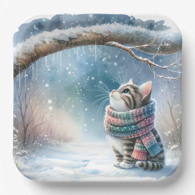Assiettes En Carton Kitten portant une écharpe d'hiver (Recto)
