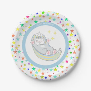 Assiettes En Carton Kitty Chat Anniversaire Garçon & Étoiles Multicolo