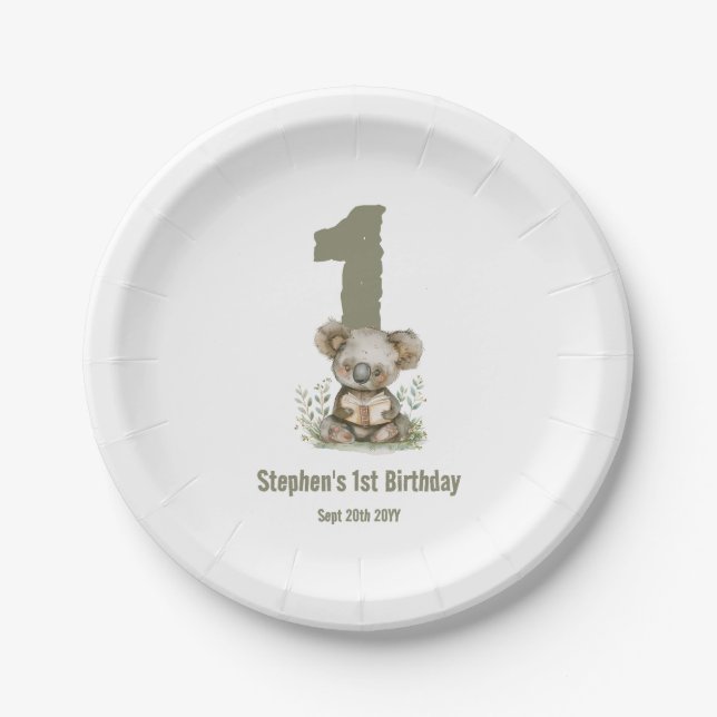 Assiettes En Carton Koala Bear Sage Green 1er anniversaire fête (Devant)