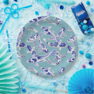 Assiettes En Carton Koi bleu et blanc