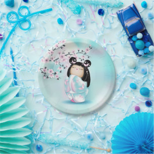 Assiettes En Carton Kokeshi Poupée rose Turquoise Filles Anniversaire