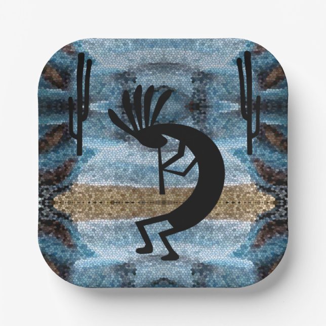 Assiettes En Carton Kokopelli Sud-Ouest Désert Mosaïque Bleu 7" (Recto)