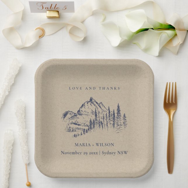 Assiettes En Carton Kraft Navy Pine Woods Mountain Sketch Mariage (Mariage)