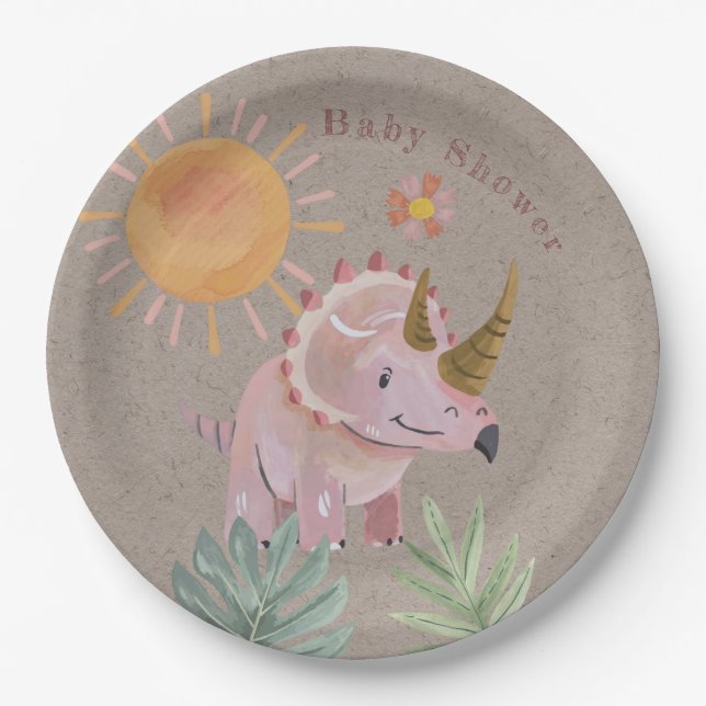 Assiettes En Carton Kraft Pink Triceratops Dinisaur Baby shower fille (Devant)