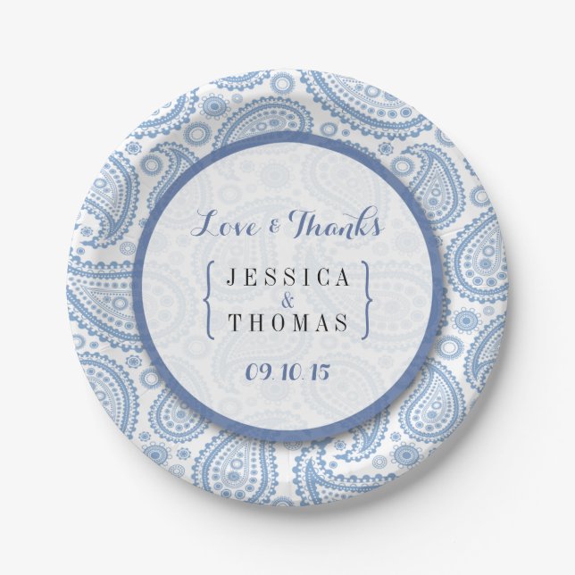 Assiettes En Carton La collection Mariage moderne Paisley - Bleu (Devant)