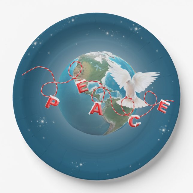 Assiettes En Carton La colombe blanche sur la planète Terre (Devant)