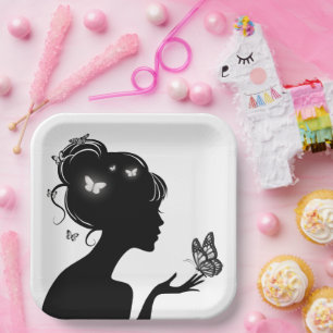 Assiettes En Carton La femme papillons blancs