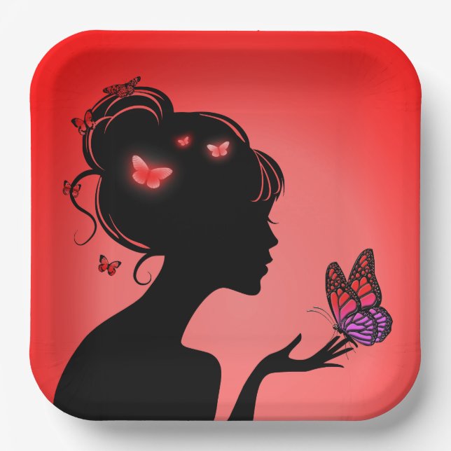 Assiettes En Carton La femme papillons rouges (Recto)