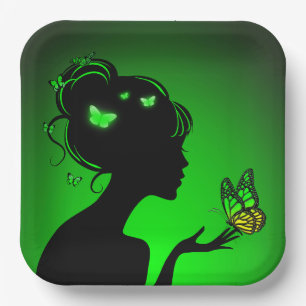 Assiettes En Carton La femme papillons verts