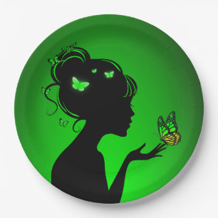 Assiettes En Carton La femme papillons verts