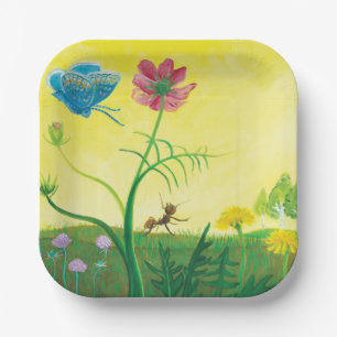 Assiettes En Carton La fourmi et le papillon sur une prairie d'été Ill