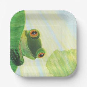 Assiettes En Carton La grenouille verte aux gros yeux derrière le pavé