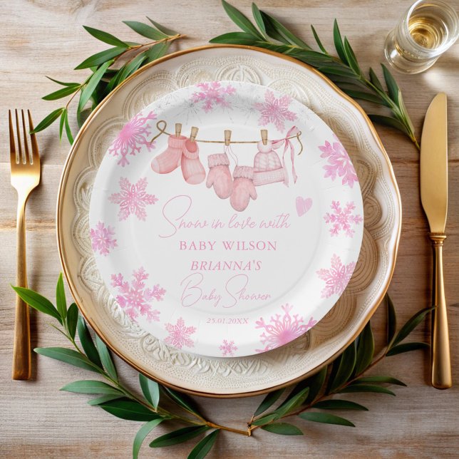 Assiettes En Carton La neige en amour Flammes de neige baby shower mon (Snow in love pink snowflakes clothes line baby shower monogrammed paper plates personalized decor)
