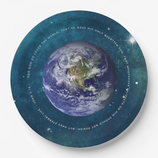 Assiettes En Carton La planète Terre dans l'espace Christian Jean 3:16 (Devant)