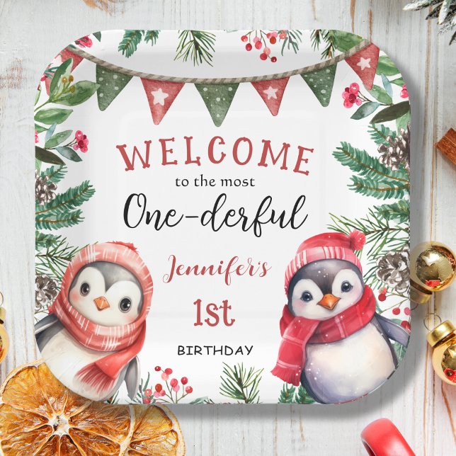 Assiettes En Carton LA PLUPART | Noël de pingouin 1er anniversaire (Créateur téléchargé)