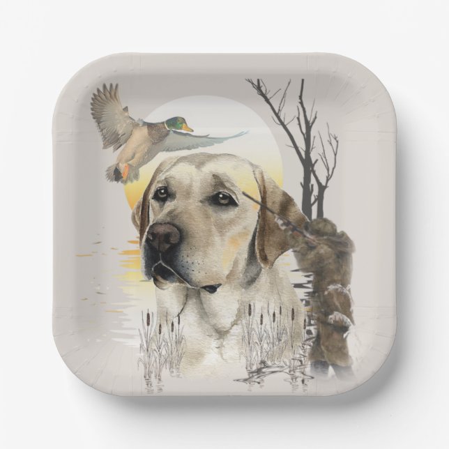 Assiettes En Carton Labrador, chasse aux canards (Recto)