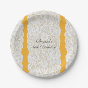 Assiettes En Carton Lace jaune et blanc Fête rustique élégante et lumi