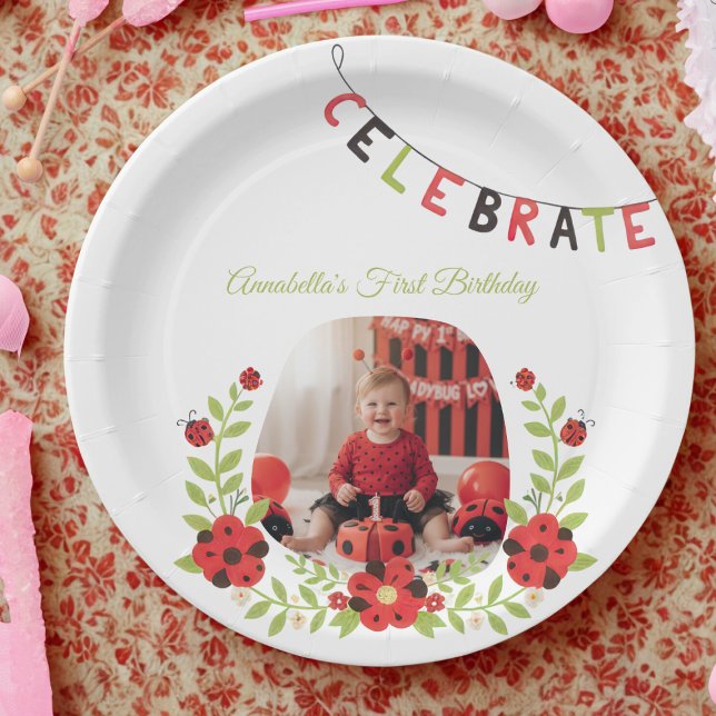 Assiettes En Carton  Ladybug 1st Birthday Floral (Ladybug first birthday paper plate)