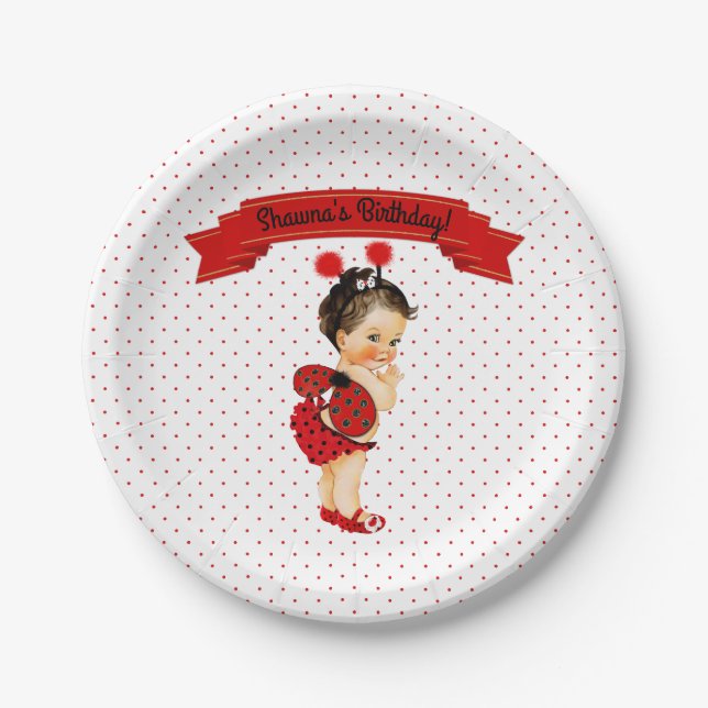 Assiettes En Carton Ladybug thème bébé fille Dots rouges (Devant)