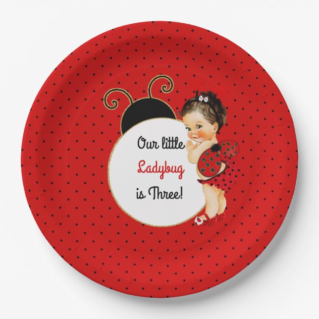 Assiettes En Carton Ladybug thème bébé fille rouge et noire (Devant)