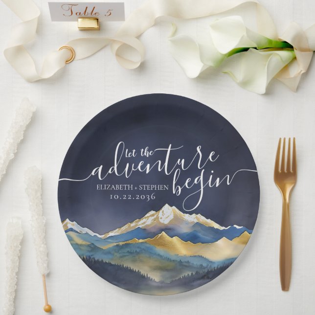 Assiettes En Carton Laisser l'aventure commencer Blue Gold Mountain Ma (Mariage)