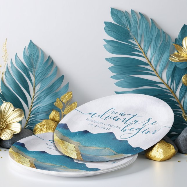 Assiettes En Carton Laisser l'aventure commencer Blue Gold Mountain Ma (Créateur téléchargé)