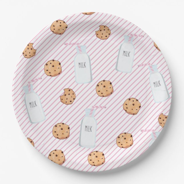 Assiettes En Carton Lait et biscuits Bandes roses Anniversaire (Devant)
