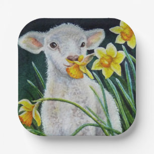 Assiettes En Carton Lamb bébé et jonquilles de printemps Aquarelle Art