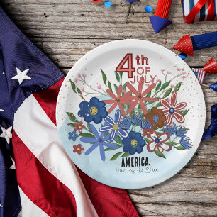 Assiettes En Carton "L'Amérique Terre des Libres" 4 juillet Fleurs