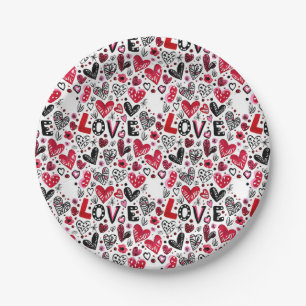 Assiettes En Carton L'amour et les cœurs doodle art valentin