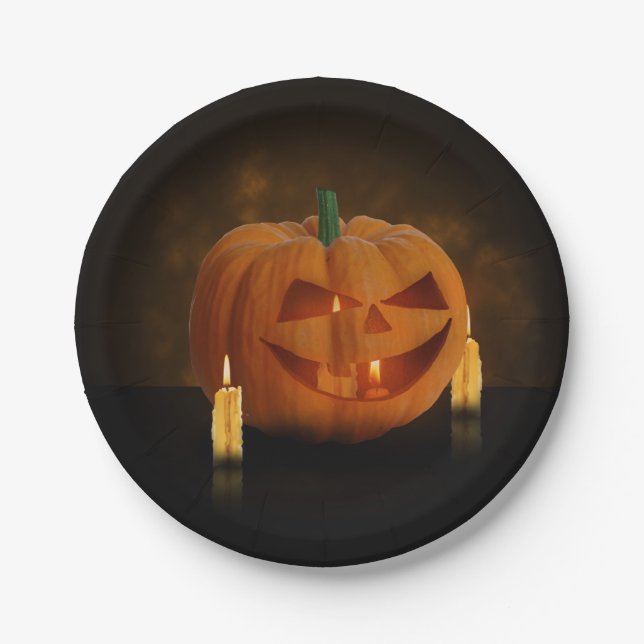 Assiettes En Carton Lanterne Citrouille d'Halloween avec bougies (Devant)