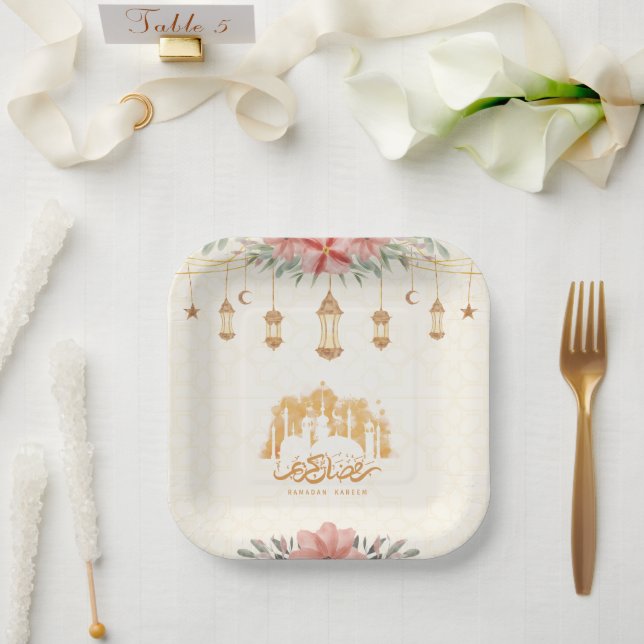 Assiettes En Carton Lanternes d'aquarelle florale Ramadan Kareem (Mariage)