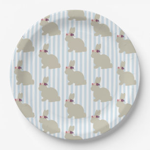 Assiettes En Carton Lapin avec Fleur Rayure Bleue