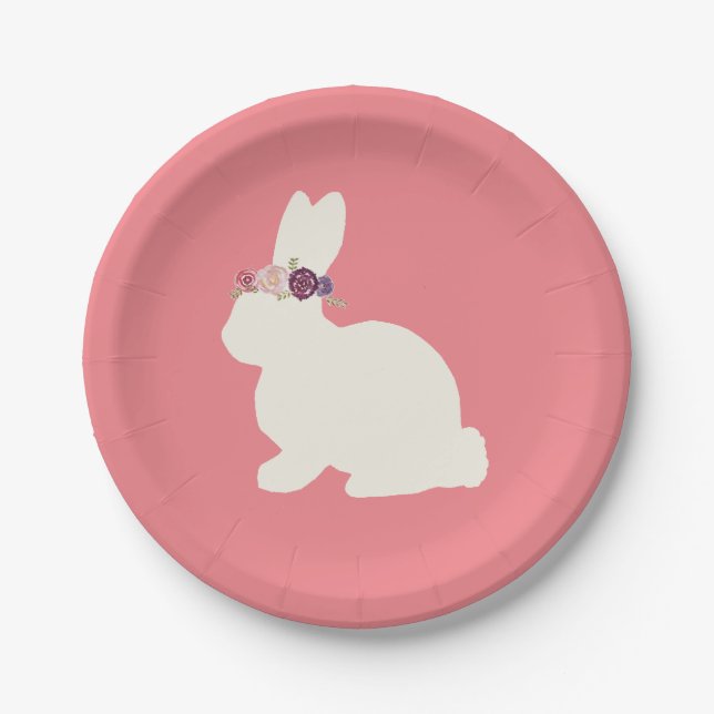 Assiettes En Carton Lapin avec Fleurs Plaque en papier rose (Devant)